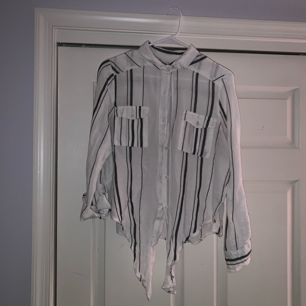 black and white striped button down